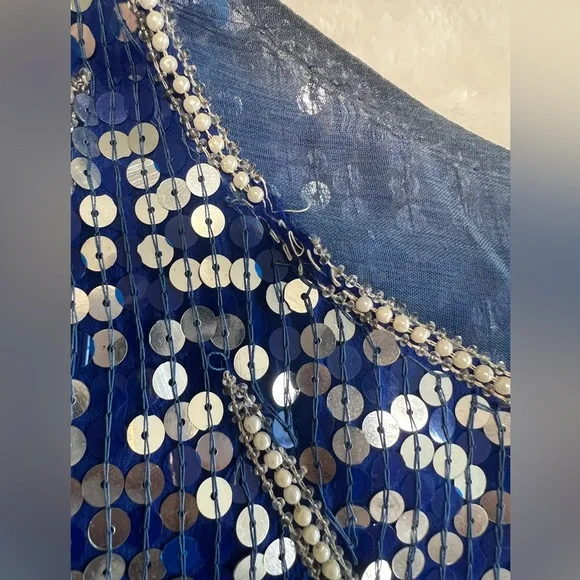 Vintage Blue Sequin Beaded Silk Dress Art Deco Midi Party Formal - Picture 15 of 16